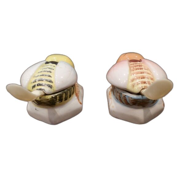 Vintage Bumblebees Bees Mini Ceramic Server Spoon Pot Jars Set of 2 - Picture 2 of 4